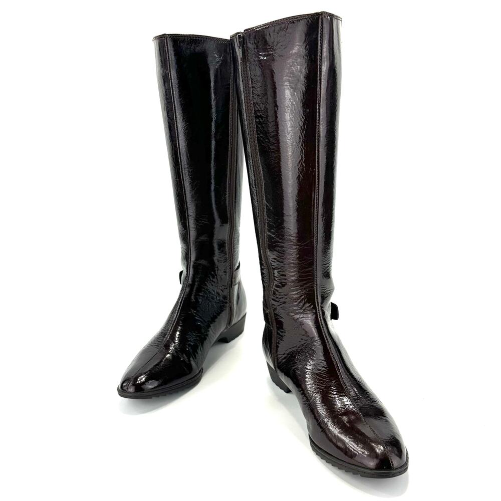 Sofft Brown Knee High Tall Boot Size 7M Patent Leather Low Heel Comfort Casual - Picture 5 of 13